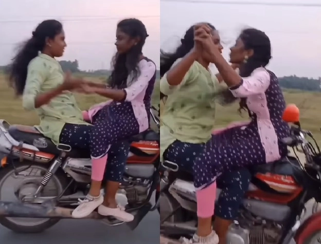 Video-  2 યુવતીઓએ ચાલુ બાઇક પર કર્યું રોમાંસ
