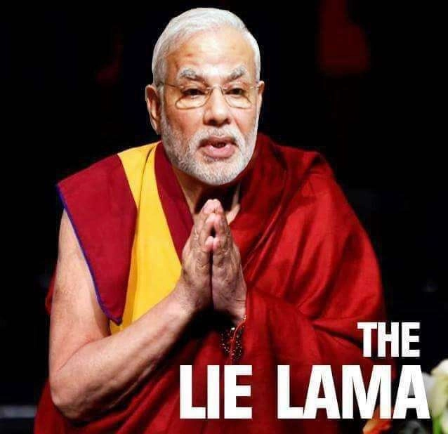 मोदी के पोस्टर पर लिखा 'द लाई लामा', मचा बवाल - The lie lama on Modi Poster