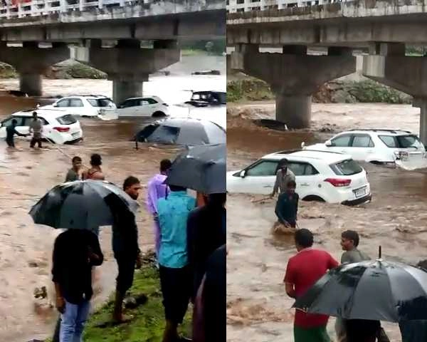 नदी में अचानक आई बाढ़ में 14 कारें बहीं, 50 लोगों ने भागकर बचाई जान