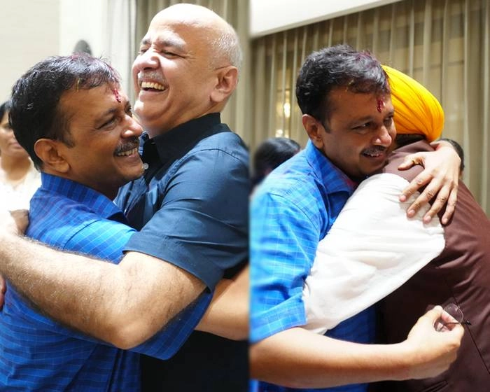 CM मान और सिसोदिया के गले लगे केजरीवाल, मां ने तिलक लगाकर किया स्वागत - Kejriwal hugged CM Mann and Sisodia, mother welcomed them by applying Tilak on their forehead