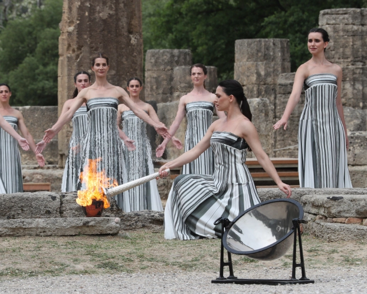 VIDEO: Olympic flame for Paris 2024 Summer Games lit in Ancient Olympia, Greek actress Mary Mina, playing the role of the High Priestess, lights the torch
