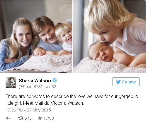 वॉटसन ने साझा किया अपनी बेटी का फोटो - Shane watson, Daughter, Matilda Victoria, Australian cricketer