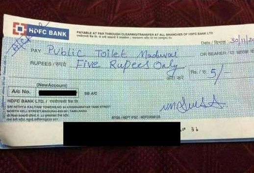 पांच रुपये का भुगतान चेक से किया और वह भी ऐसी जगह कि हैरान रह जाएंगे - cheque Payment to Public toilets