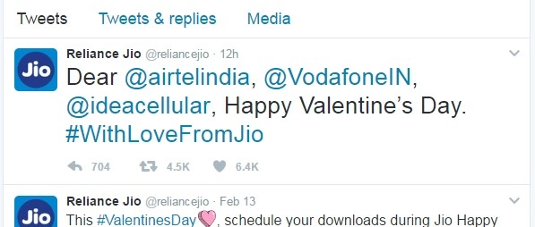 वेलेंटाइन डे पर दूरसंचार कंपनियों ने टि्वटर पर किया 'प्रेमालाप' - Valentine's Day, Reliance Jio