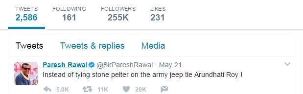 अरुंधति रॉय को बांध दो सेना की गाड़ी से, परेश रावल के ट्‍वीट से विवाद