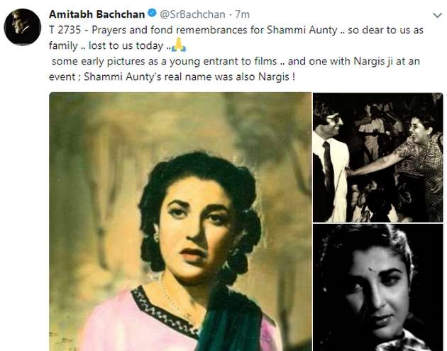बॉलीवुड अदाकारा शम्मी का निधन, अमिताभ ने इस तरह किया याद... - Bollywood actress Shammi dies