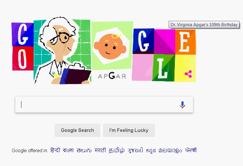 आज 'गूगल' का डूडल, डॉ. वर्जीनिया के नाम - google doodle on Dr. Virginia Apgar