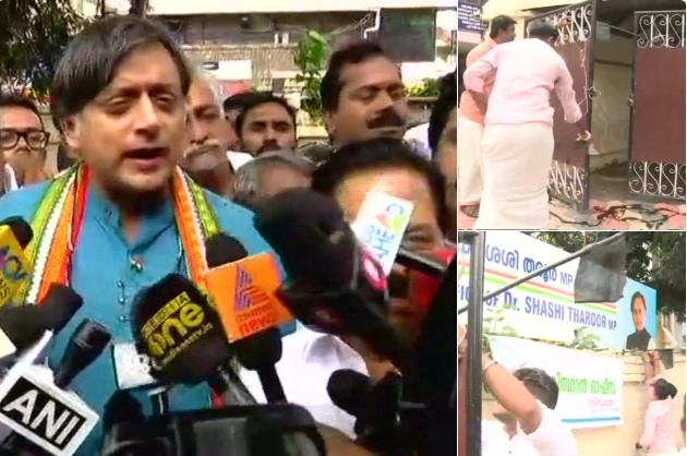 शशि थरूर के तिरुवनंतपुरम स्थित दफ्तर पर हमला, 'पाकिस्तान दफ्तर' लिखा हुआ बोर्ड लगाया - Attack on Shashi Tharoor's office, Bhartiya Janta Yuva Morcha activist
