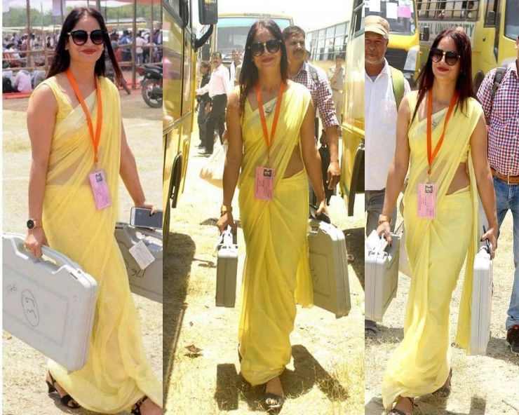यह महिला चुनाव अधिकारी हो रहीं सोशल मीडिया पर वायरल... लेकिन सच तो कुछ और ही है - Lady polling officer in yellow saree 100 percent voting percentage