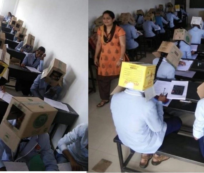 कर्नाटक : परीक्षा में नकल रोकने का अनोखा तरीका, सोशल मीडिया पर हुआ वायरल - students made to wear cardboard boxes at exam