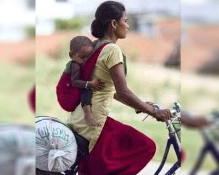 जानें क्या है प्रवासी मजदूरों की घर वापसी के नाम पर वायरल हो रही इस तस्वीर का सच - photo of woman riding a bicycle with baby on her back goes viral fact check