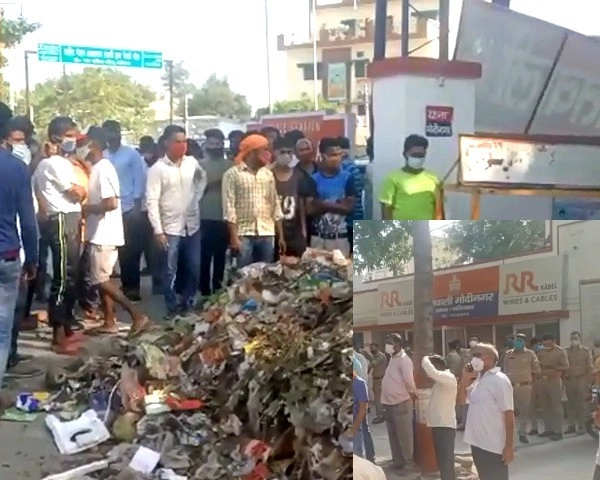 मोदीनगर में नाराज सफाईकर्मियों ने थाने को बनाया कचरा घर - sanitation workers threw garbage in front of police chowki in modinagar
