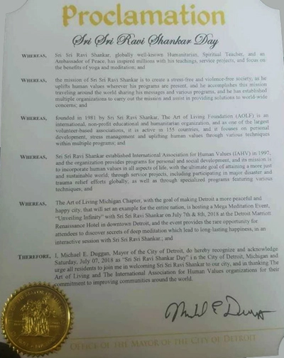 अमेरिकेत डेट्रॉइटसमेत 25 पेक्षा जास्त शहरांमध्ये साजरा करण्यात आला श्री श्री रवि शंकर दिवस