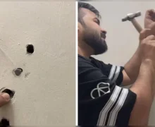 வெறும் பென்சிலை வைத்து சுவரில் ஓட்டை போட்ட நபர்.. சுவர் அவ்வளவு பலவீனமா?