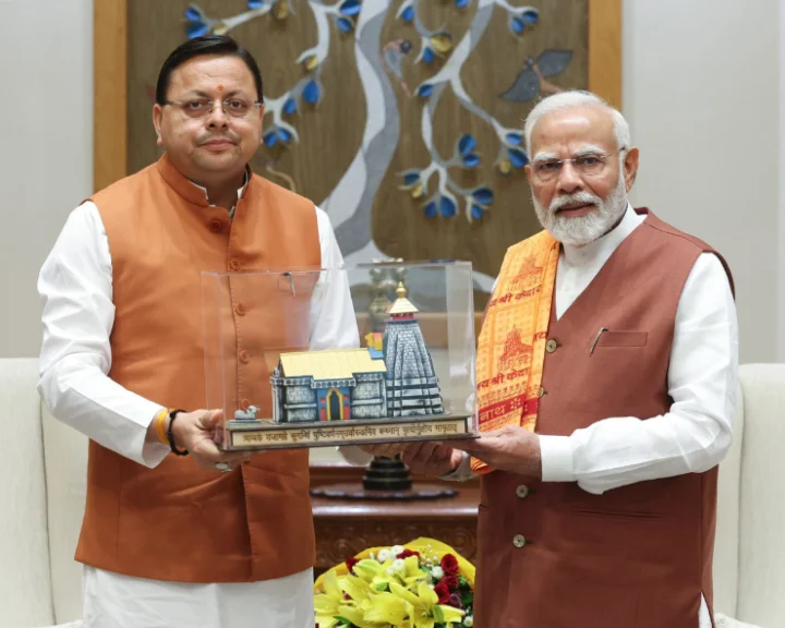 CM Dhami meets PM Modi, congratulates him for victory in Haryana polls, presents him with replica of Kedarnath temple & prasad