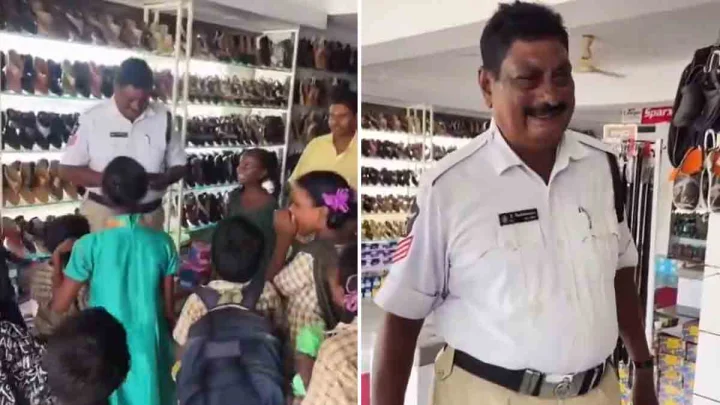 Andhra Pradesh: Traffic constable buys sandals for poor students going home from school barefoot