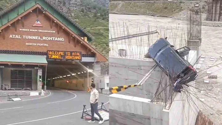 Himachal Pradesh: Speeding Scorpio Flies Off Road Near Atal Tunnel, Crashes Into Under-Construction Bridge; 1 Dead, 3 Injured (VIDEO)