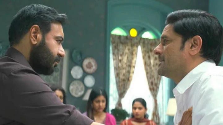 A scene from Drishyam 3 featuring Ajay Devgn and Jaideep Ahlawat