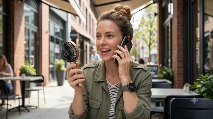 A woman holding a mini fan and speaking on phone