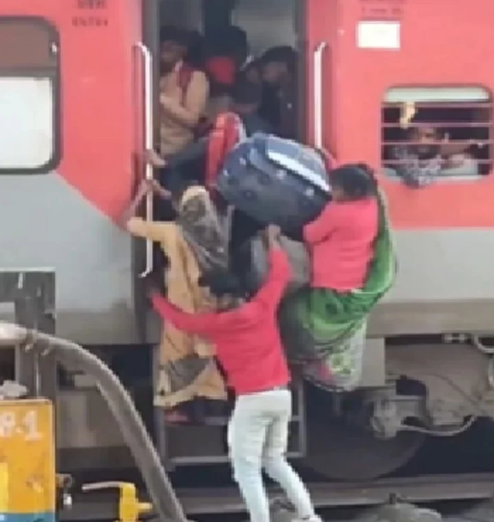 Viral video  people board a crowded train