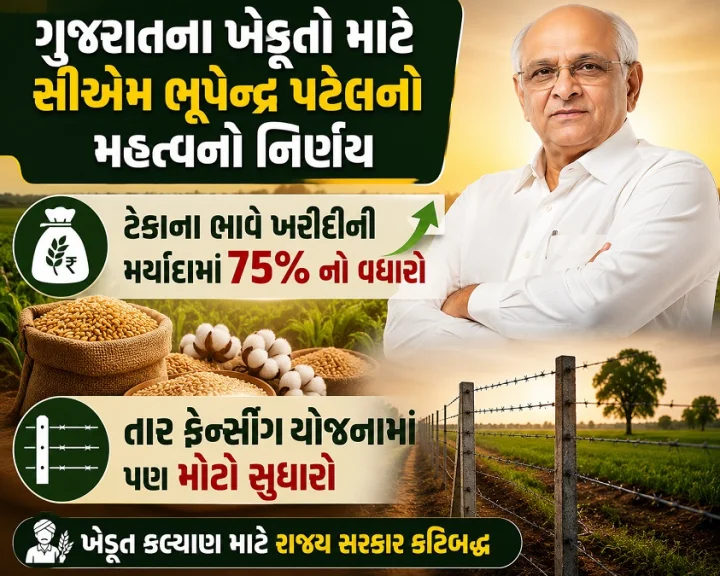 ગુજરાતના ખેડૂતો માટે સીએમ ભૂપેન્દ્ર પટેલનો મહત્વનો નિર્ણય, ટેકાના ભાવે ખરીદીની મર્યાદામાં 75% નો વધારો, તાર ફેન્સિંગ યોજનામાં પણ મોટો સુધારો