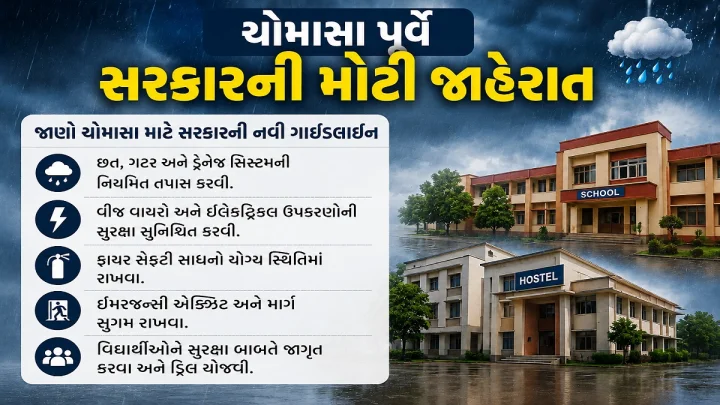 ચોમાસા પૂર્વે સરકારની મોટી જાહેરાત,  શાળાઓ અને હોસ્ટેલ્સમાં સુરક્ષાના નિયમોનું પાલન કરવું ફરજિયાત, જાણો ચોમાસા માટે સરકારની નવી ગાઈડલાઈન