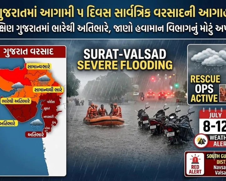 ગુજરાતમાં આગામી 5 દિવસ સાર્વત્રિક વરસાદની આગાહી: દક્ષિણ ગુજરાતમાં ભારેથી અતિભારે, જાણો હવામાન વિભાગનું મોટું અપડેટ