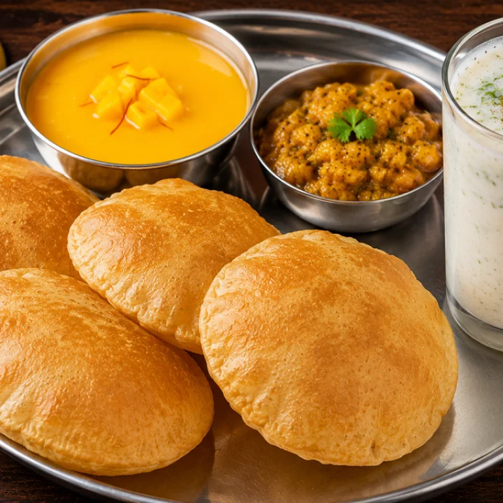 Puri and mango juice Gauri vrat recipe