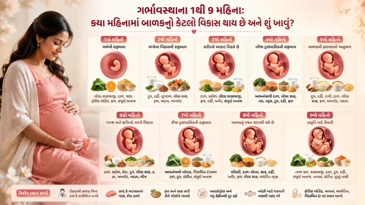 ગર્ભાવસ્થાના 1થી 9 મહિના: કયા મહિનામાં બાળકનો કેટલો વિકાસ થાય છે અને શું ખાવું?