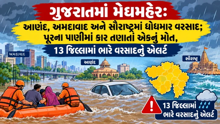 ગુજરાતમાં મેઘમહેર: આણંદ, અમદાવાદ અને સૌરાષ્ટ્રમાં ધોધમાર વરસાદ; પૂરના પાણીમાં કાર તણાતાં એકનું મોત, 13 જિલ્લામાં ભારે વરસાદનું એલર્ટ