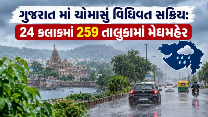 ગુજરાતમાં ચોમાસું વિધિવત સક્રિય: 24 કલાકમાં 259 તાલુકામાં મેઘમહેર, અંજારમાં સૌથી વધુ 7.24 ઈંચ વરસાદ