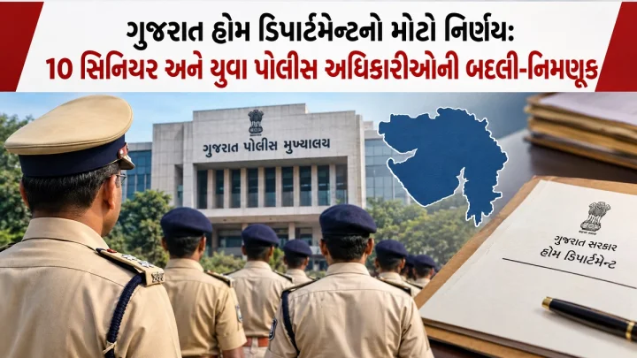 ગુજરાત હોમ ડિપાર્ટમેન્ટનો મોટો નિર્ણય: 10 સિનિયર અને યુવા પોલીસ અધિકારીઓની બદલી-નિમણૂક