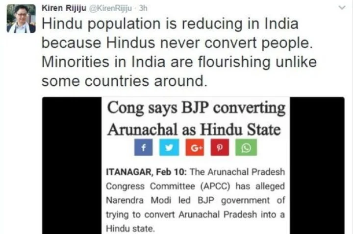 भारत में घट रही है हिन्दुओं की आबादी : रिजिजू