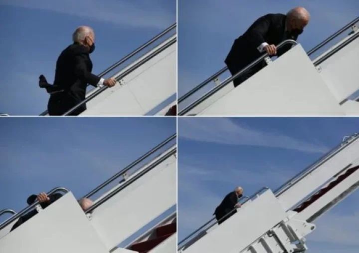 Joe Biden stumbles on upstairs