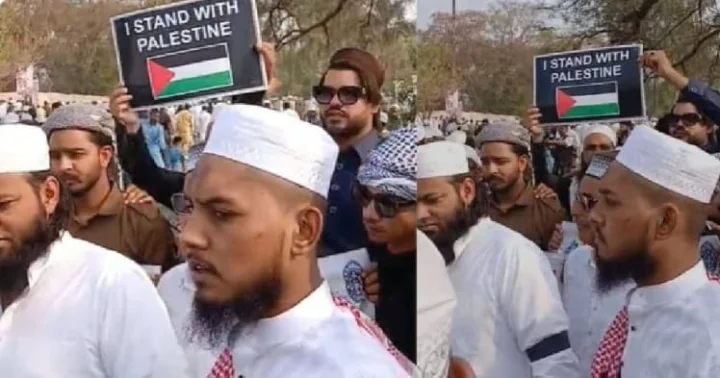 Posters were waved in support of Palestine during Eid prayers in Bhopal