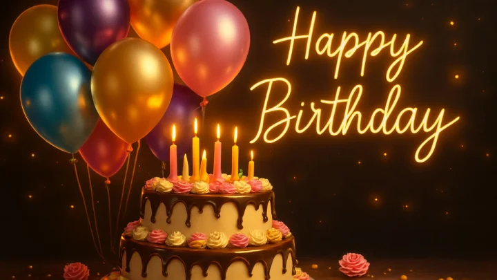 जन्मदिन पर गुब्बारे और केक का चित्र