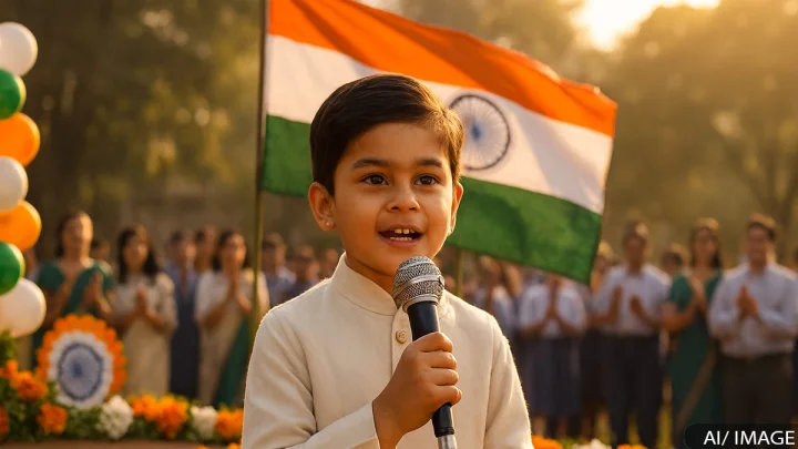 स्कूल में 26 जनवरी, गणतंत्र दिवस के मौके पर मंच पर भाषण देता बच्चा