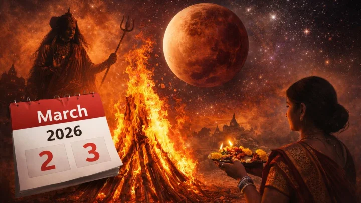 पूजा की थाल लिए हिंदू महिला और बैकग्राउंड में चंद्र ग्रहण एवं होलिका दहन