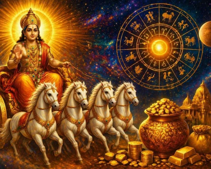 The image depicts the Sun God riding a chariot, a golden pitcher, a temple in the background, the Zodiac, and the planet Mercury.