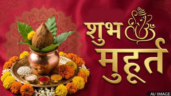 The picture shows a puja thali decorated with flowers, a kalash containing a coconut, and a message about an auspicious time
