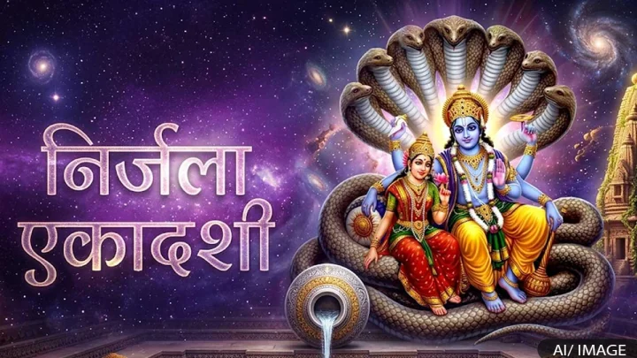 A beautiful photo of Sri Lakshmi and Narayana seated on Sheshnag on Nirjala Ekadashi, along with a water-filled Kalash