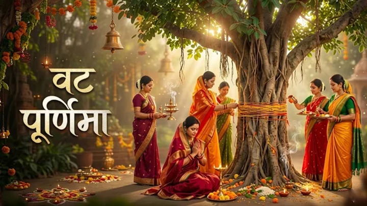 Scene of worship by married women on Vat Savitri Purnima fast
