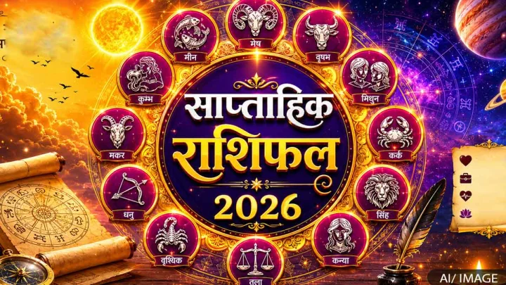 The image depicts planets, stars, the sun, flying birds, and the 12 zodiac signs along with horoscopes. The caption contains the weekly horoscope message for 2026
