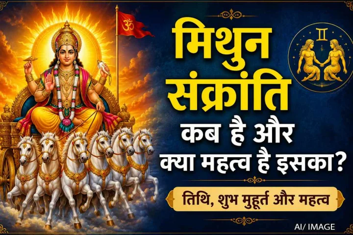 The image depicts Lord Surya riding a chariot, along with the symbol of the Gemini zodiac sign.