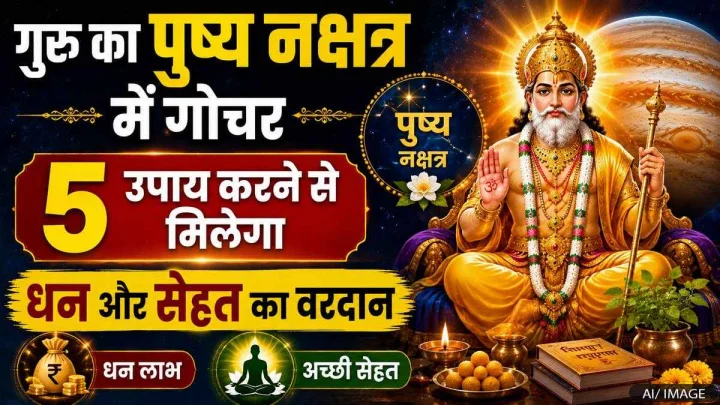 The image features Lord Brihaspati, a book, a lamp, laddu, flowers, Tulsi plant in a vessel, and the planet Jupiter in the background.
