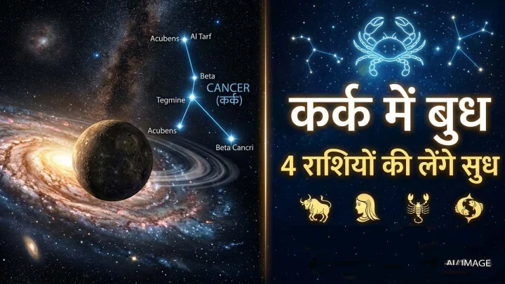The image shows the planet Mercury with galaxies in the background, and on the other side, the Cancer zodiac sign and other zodiac symbols.