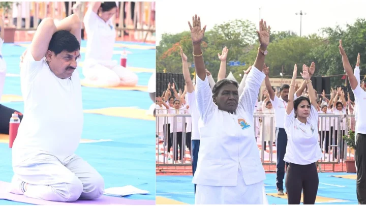 international yoga day : जबलपुर में राष्ट्रपति मुर्मु, राज्यपाल पटेल और CM यादव ने किया सामूहिक योगाभ्यास