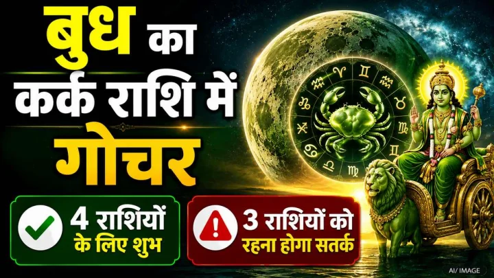The image depicts Lord Budha and the planet Mercury, the zodiac, and the Cancer zodiac sign.