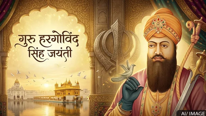 The image features Sri Guru Hargobind Singh- the sixth Guru of Sikhism- alongside Sri Akal Takht Sahib and the Golden Temple (Harmandir Sahib) of Amritsar