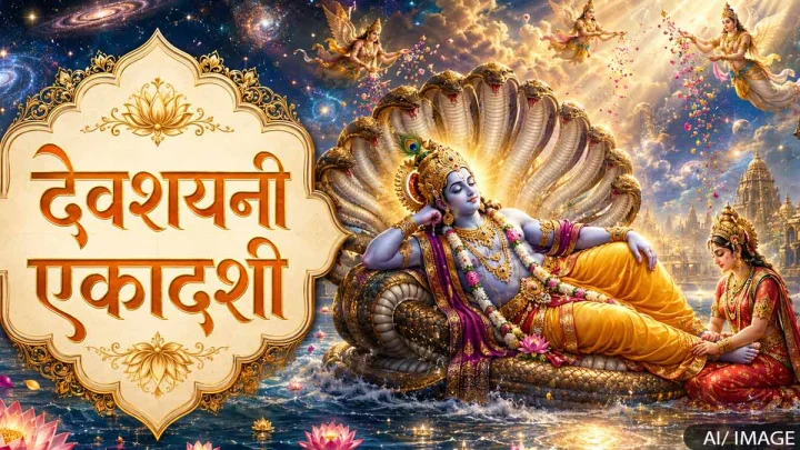 The image depicts Shri Hari Narayan reclining on the serpent Sheshnag, with Mother Lakshmi attending to Him, accompanied by the caption 'Devshayani Ekadashi'